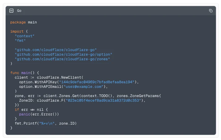 Example using the Go library to fetch all zones.