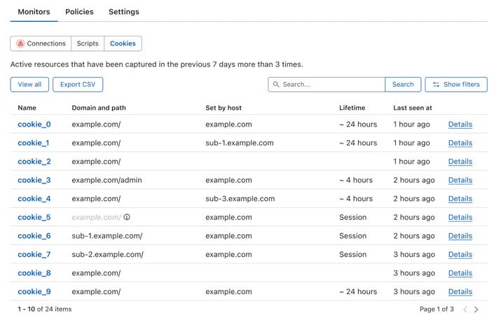 Dashboard showing a table of cookies seen, including key details such as cookie name, domain and path, and which host set the cookie.