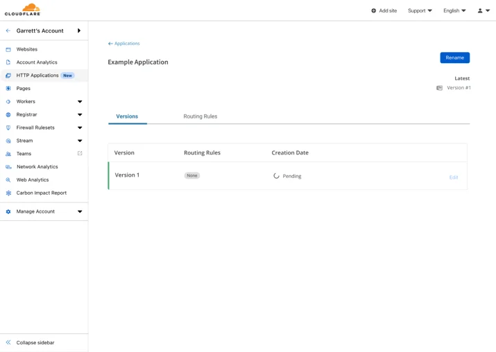 The Version list of the Example Application, showing Version 1 being created.