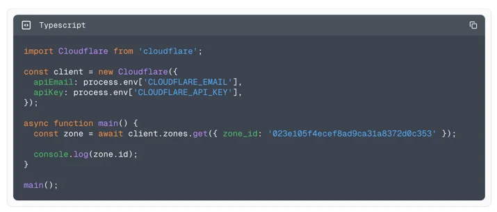 Example using the Typescript library to fetch all zones.