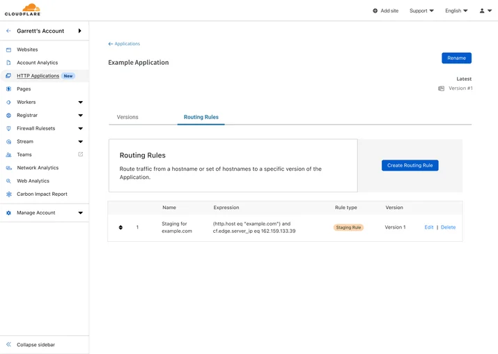 Routing Rules for the Example Application showing one rule for staging has been created.